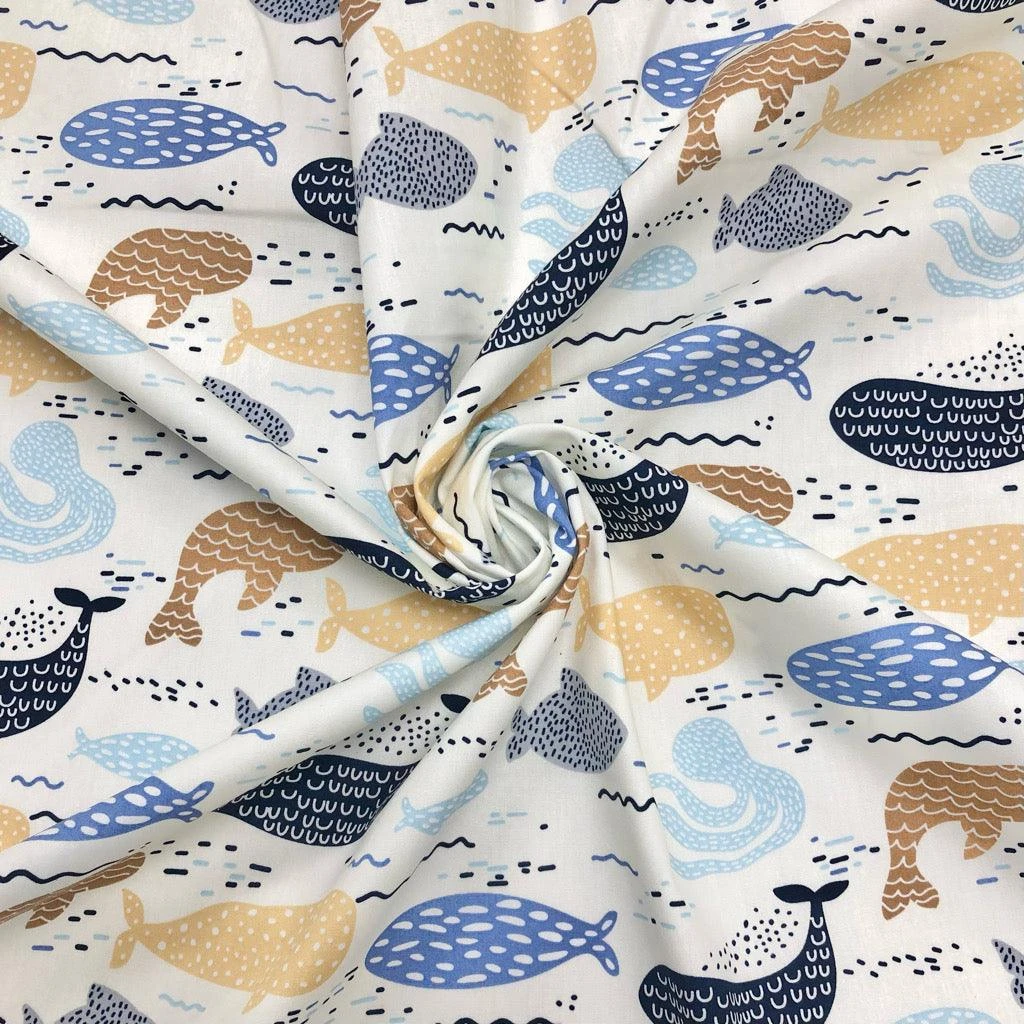 Sea Animals On Cream Rose & Hubble Cotton Poplin Fabric 1 Sea Animals On Cream Rose & Hubble Cotton Poplin Fabric
