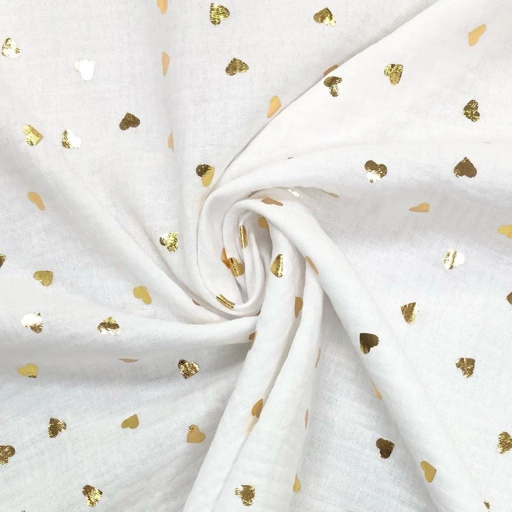 Gold Metallic Scattered Hearts Double Gauze Cotton Fabric 7 Gold Metallic Scattered Hearts Double Gauze Cotton Fabric - Image 7