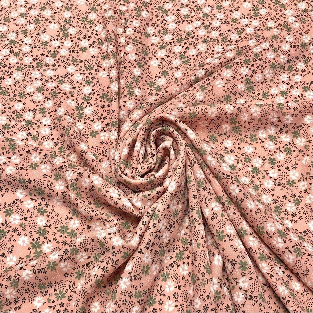 Peach Floral Crepe Fabric - Khaki and White Mini Flower Print 1 Peach Floral Crepe Fabric - Khaki and White Mini Flower Print