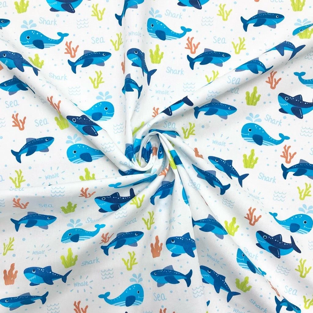 Rose & Hubble Blue Whales and Sharks Cotton Poplin Fabric 3 Rose & Hubble Blue Whales and Sharks Cotton Poplin Fabric - Image 3