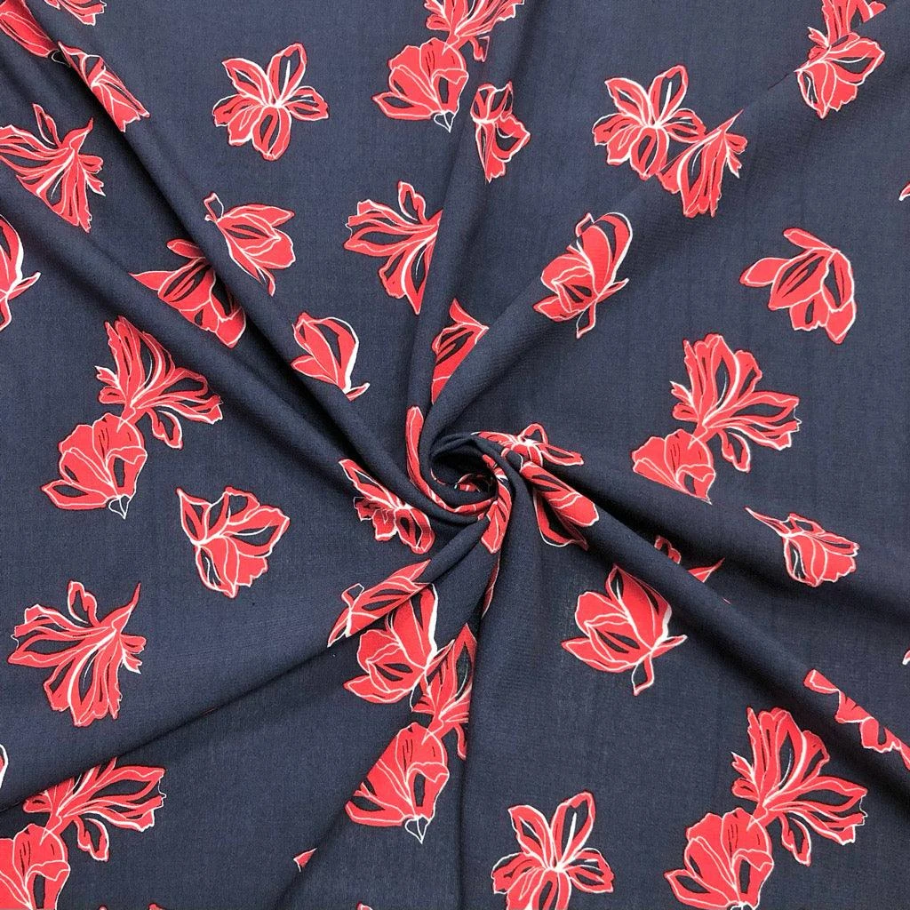 Red Floral Navy Viscose Challis Fabric - Premium Rayon for Dressmaking 1 Red Floral Navy Viscose Challis Fabric - Premium Rayon for Dressmaking