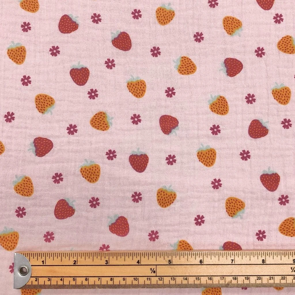 Strawberry Print Double Gauze Cotton Fabric - Breathable Muslin 2 Strawberry Print Double Gauze Cotton Fabric - Breathable Muslin - Image 2