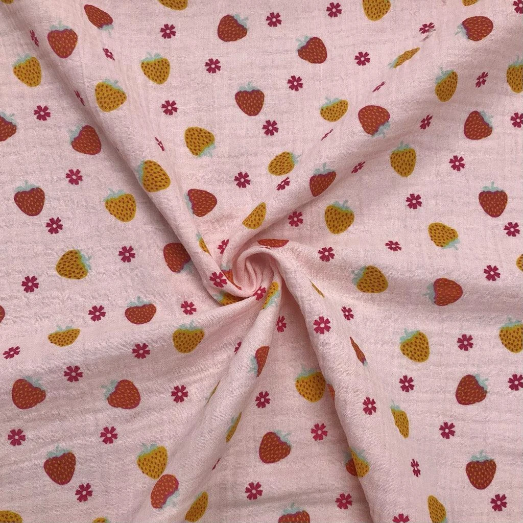 Strawberry Print Double Gauze Cotton Fabric - Breathable Muslin 3 Strawberry Print Double Gauze Cotton Fabric - Breathable Muslin - Image 3