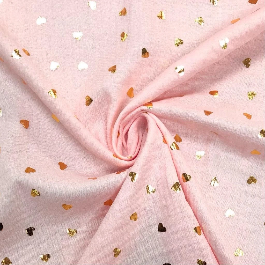 Gold Metallic Scattered Hearts Double Gauze Cotton Fabric 4 Gold Metallic Scattered Hearts Double Gauze Cotton Fabric - Image 4