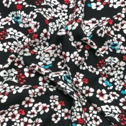 Floral Viscose Challis Fabric - White, Red and Blue Flowers on Black