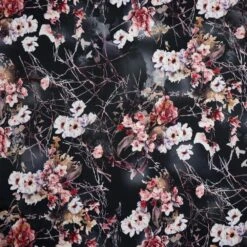 Digital Floral Branches Black Polyester Dressmaking Fabric