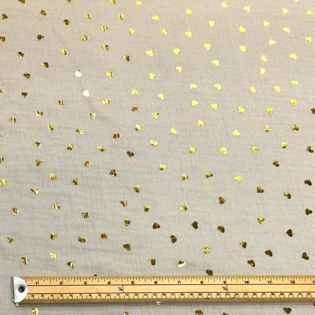 Gold Metallic Scattered Hearts Double Gauze Cotton Fabric 2 Gold Metallic Scattered Hearts Double Gauze Cotton Fabric - Image 2