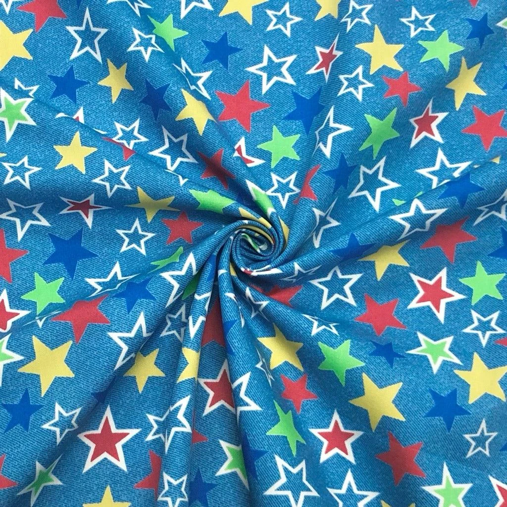 Rose & Hubble Multi-Colored Stars Denim Look Cotton Poplin Fabric 3 Rose & Hubble Multi-Colored Stars Denim Look Cotton Poplin Fabric - Image 3