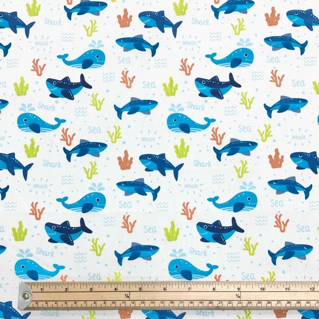 Rose & Hubble Blue Whales and Sharks Cotton Poplin Fabric 2 Rose & Hubble Blue Whales and Sharks Cotton Poplin Fabric - Image 2