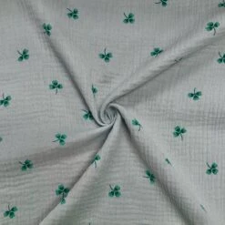 Premium Clover Print Light Grey Double Gauze Cotton Fabric