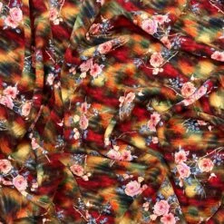 Floral Viscose Challis Fabric - Digital Flower Bunches in Burnt Orange & Khaki