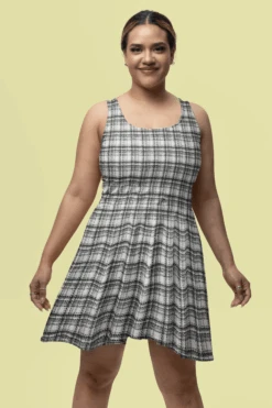 Checkered Fashion Tweed Fabric -Pound Fabrics Sale Store mockup of a smiling woman wearing a sublimated skater dress m32829