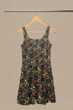 Floral Crepe Fabric for Elegant Dressmaking - Two-Tone Lightweight Polyester -Pound Fabrics Sale Store mockup of a sublimated skater dress placed on a wooden hanger m31084 3